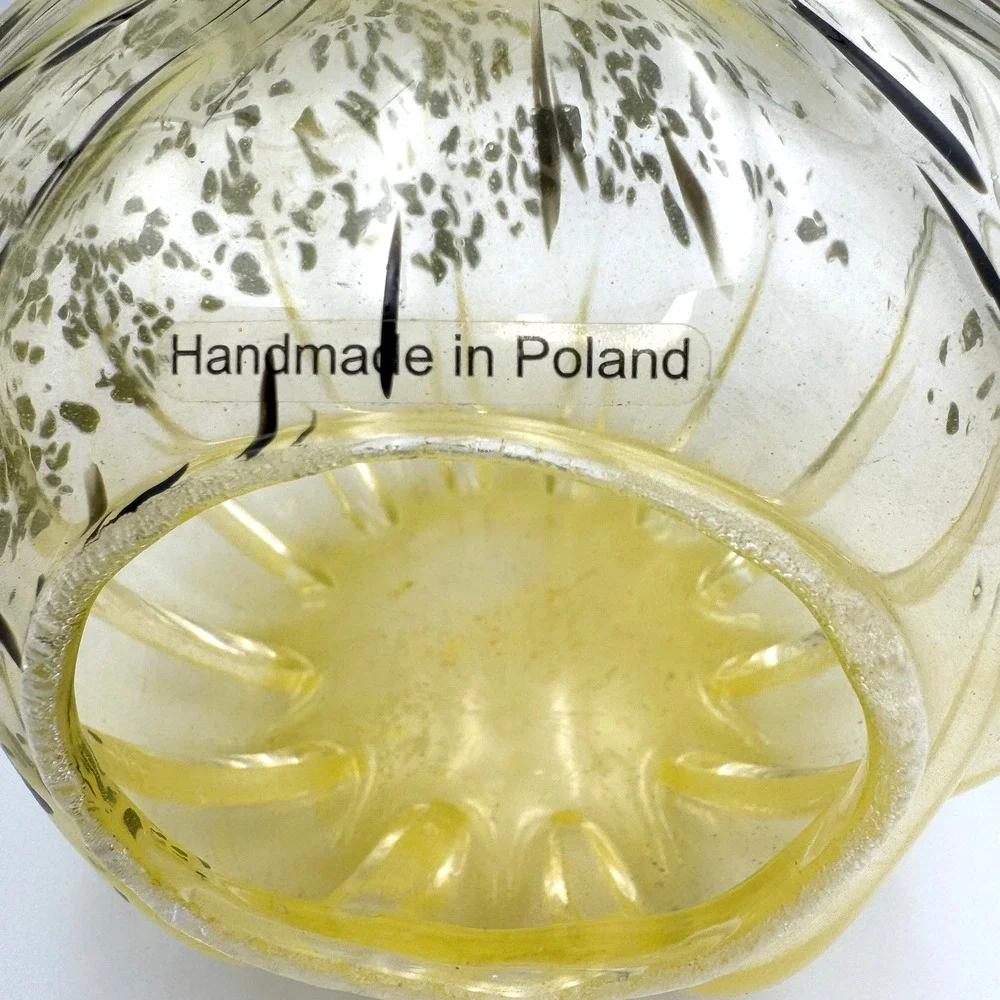 Handmade Polish Art Glass Candle Holder Yellow Black Spatter Pumpkin